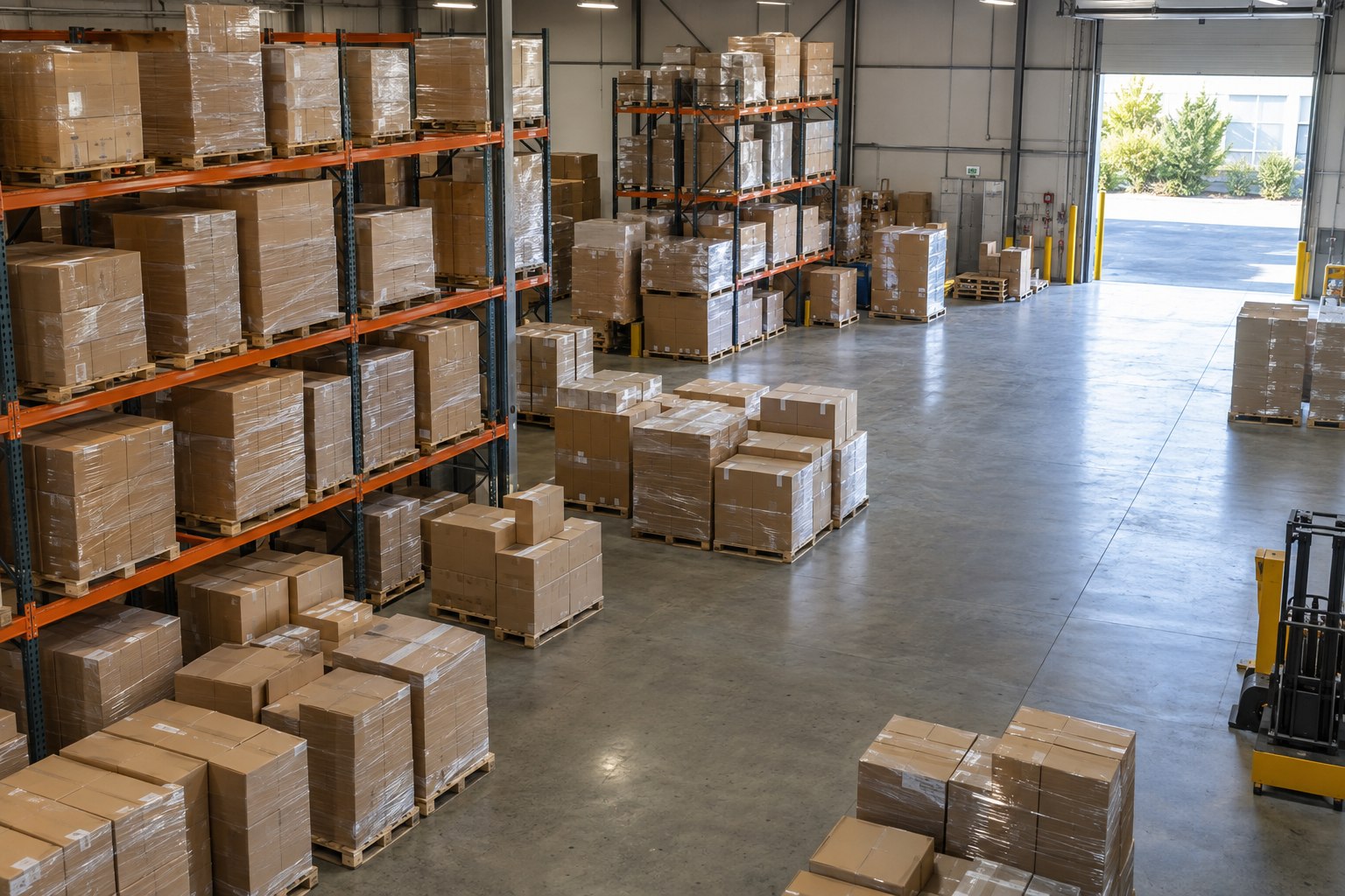 Illustrative elevated view across a warehouse workspace with pallets and orange steel beams