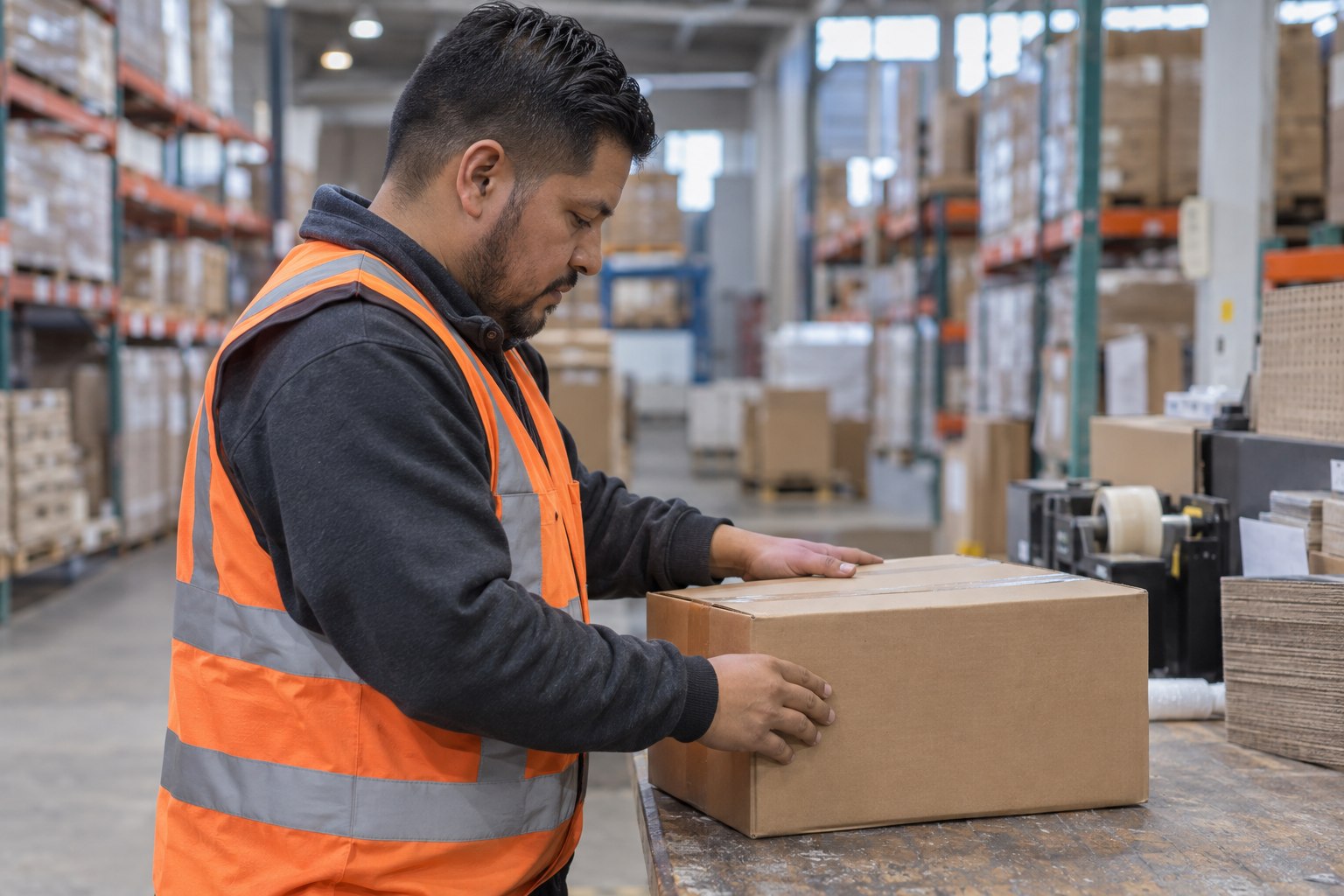 Illustrative warehouse worker in an orange vest inspecting a carton at a packing bench